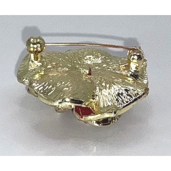 Red Rose Enamel Rhinestone Brooch Pin Gold-Tone 1.25" Floral Statement - Picture 5 of 6